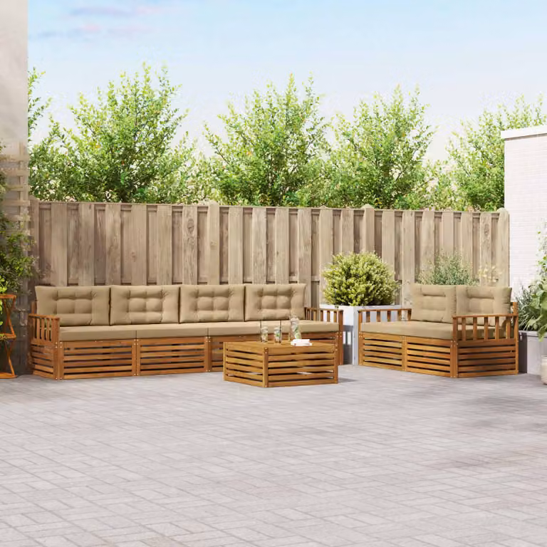 vidaXL Set di divani da esterno 7 pz in legno di acacia con tavolo da caffè, colore beige e marrone