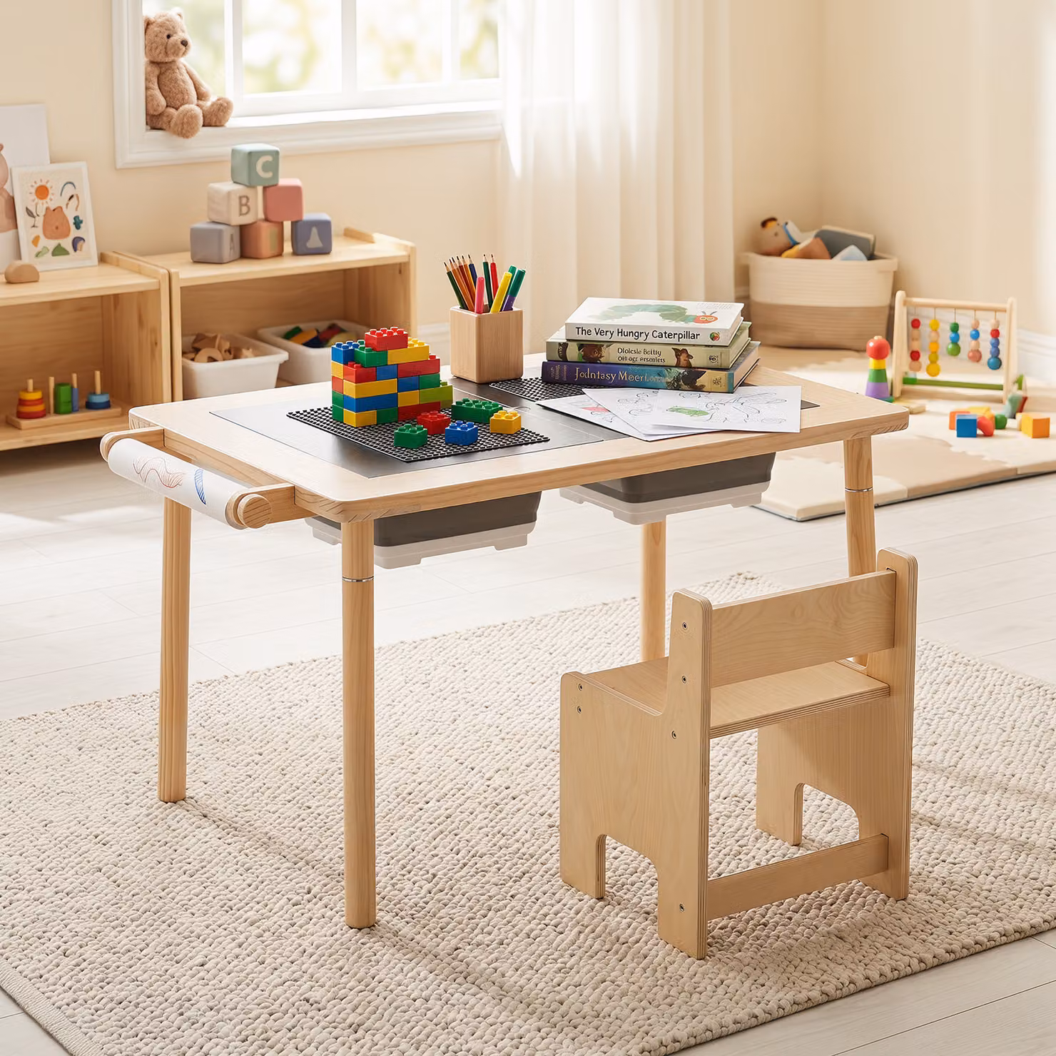 Tavolo attività sensoriale Costway per bambini con cassetti pieghevoli per sabbia e rullo di carta, design scandinavo in legno e MDF bianco e marrone