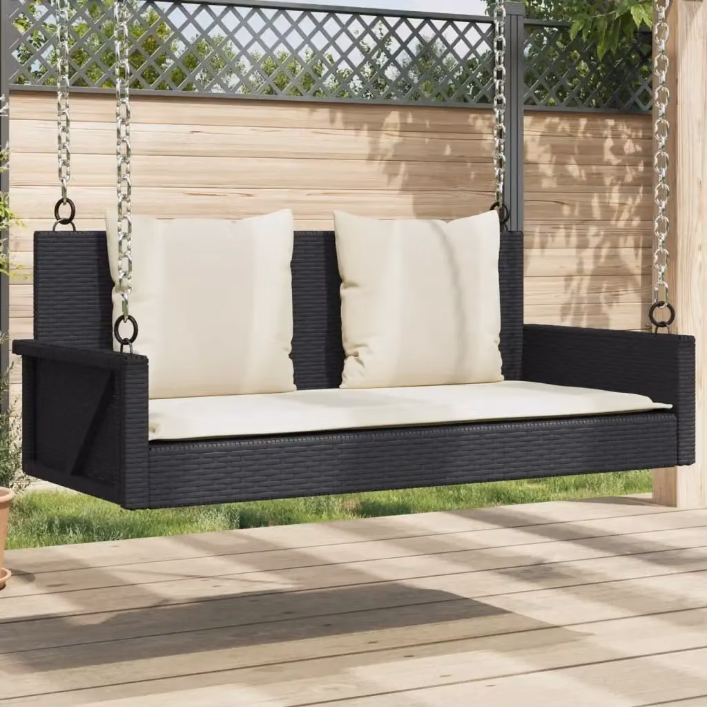Panchina a dondolo da giardino in polyrattan con cuscini nera e bianca L: 119 cm, P: 56 cm, H: 48 cm – 2