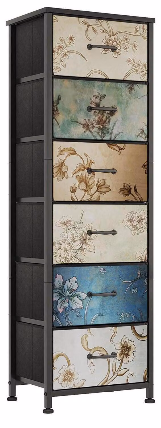 Comodino con 6 cassetti rivestiti in tessuto, dimensioni 30x40x116 cm, struttura in metallo con finitura effetto legno