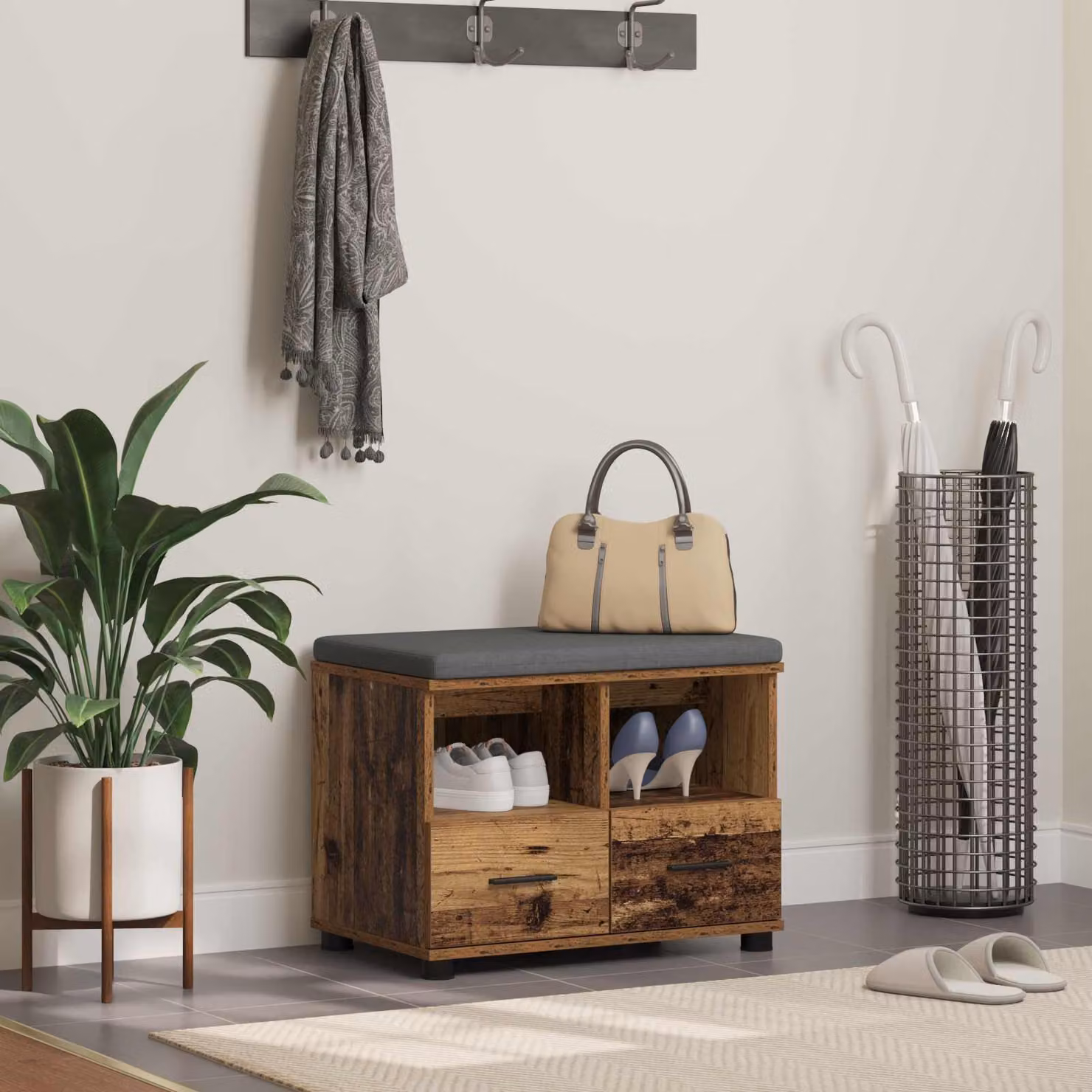 Panca porta scarpe moderna vidaXL in legno e tessuto, L/P/H: 60 x 38 x 46 cm, disponibile in marrone o grigio
