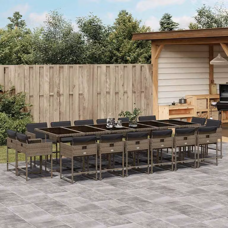 Set da pranzo da giardino vidaXL in polyrattan grigio con cuscini e piano in vetro, 17 pezzi