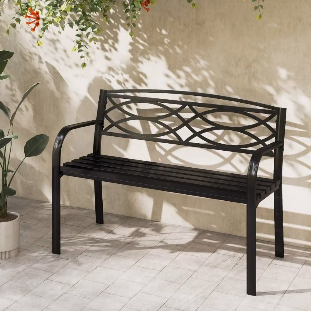 Panchina da giardino moderna in metallo nero con braccioli per 2 persone, L: 116 cm – 2