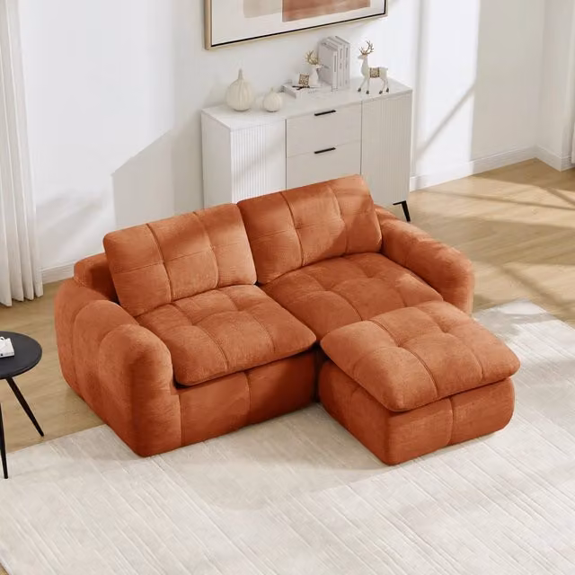 Divano modulare 194x160x68 cm senza telaio con pouf in ciniglia arancione