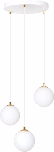 Lampada a sospensione moderna Luceart-Classic Yudi con 3 luci a sfera in vetro bianco e dettagli in metallo bianco e oro/ottone