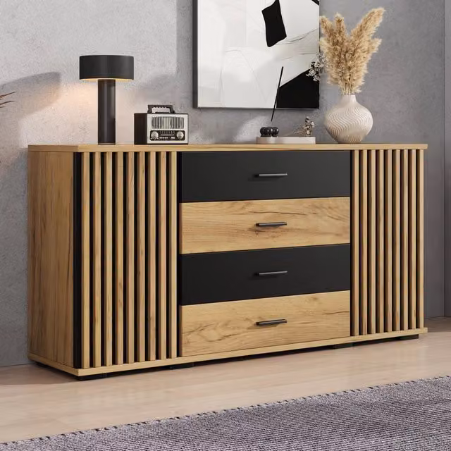 Sideboard REDOM moderno in MDF nero e rovere con 4 cassetti e 2 ante L: 140 cm, P: 35 cm, H: 70 cm
