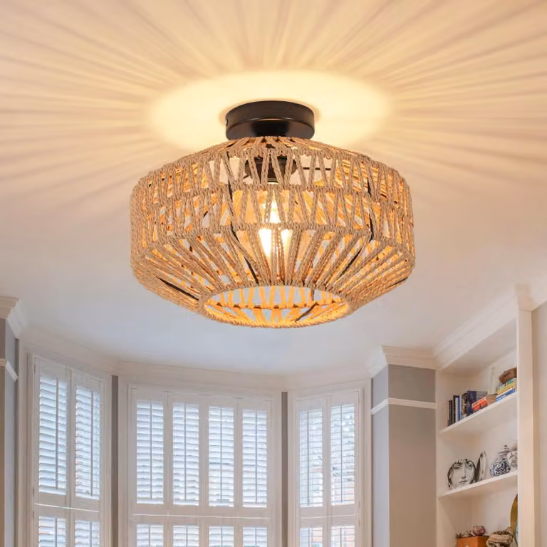 Lampada a sospensione Toolight, struttura in rattan, attacco E27, diametro 30 cm, colore nero, ideale per il soggiorno