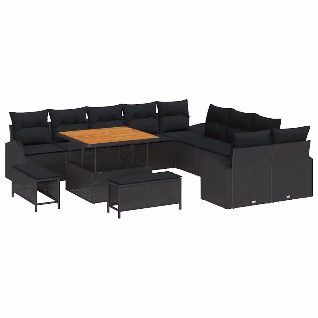 Set Divano da Giardino vidaXL 13 Pezzi in Polyrattan Nero con Cuscini e Tavolino da Esterno – 2