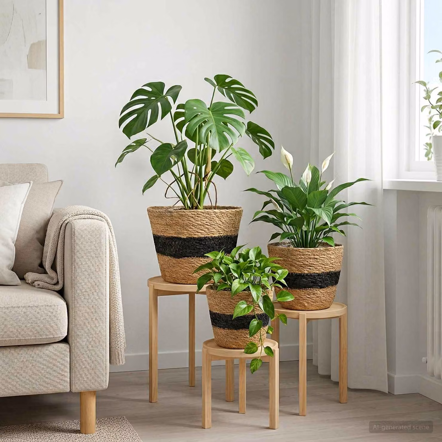 Set di 3 vasi da tavolo vidaXL in rattan, colori beige, nero e marrone, Ø 26 x H 19 cm