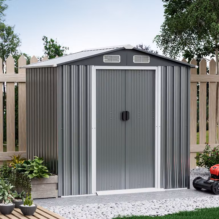 Capanno da giardino Costway resistente alle intemperie con porte scorrevoli e serratura, Grigio scuro, L: 196 cm, P: 142 cm