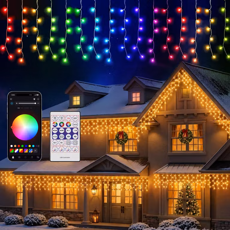 Catena luminosa effetto neve, 20 metri, 816 LED, controllabile tramite app, multicolore, con timer