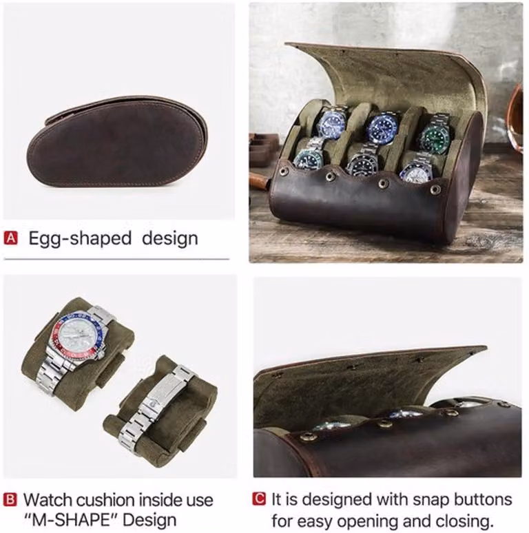 Scatola per orologi in vera pelle – Espositore per orologi per 6 orologi – Organizer portatile – Aspetto vintage – Rivestimento interno in morbida microfibra