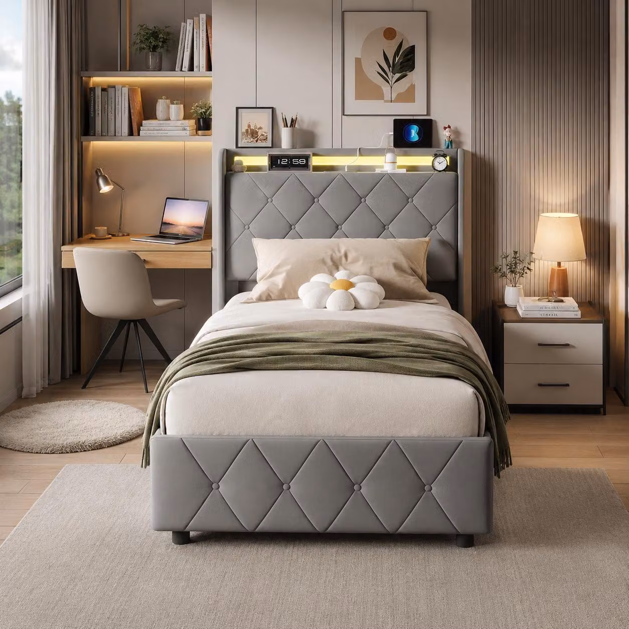 Letto imbottito INONEFT, 90x200 cm, con illuminazione LED e prese USB, letto singolo con 2 cassetti, letto per ragazzi con spazio contenitivo nella testiera, in flanella, colore grigio