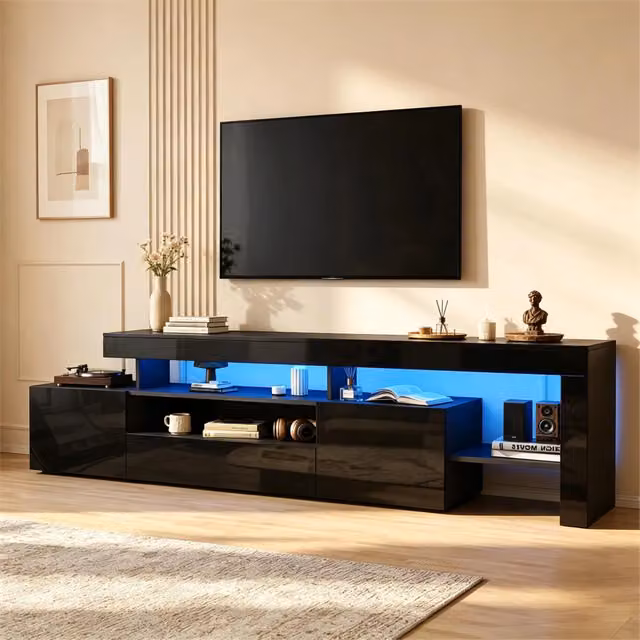 Mobile TV con 3 ante a ribalta e LED via app in truciolare nero per TV fino a 85 pollici 192 × 37 × 53 cm