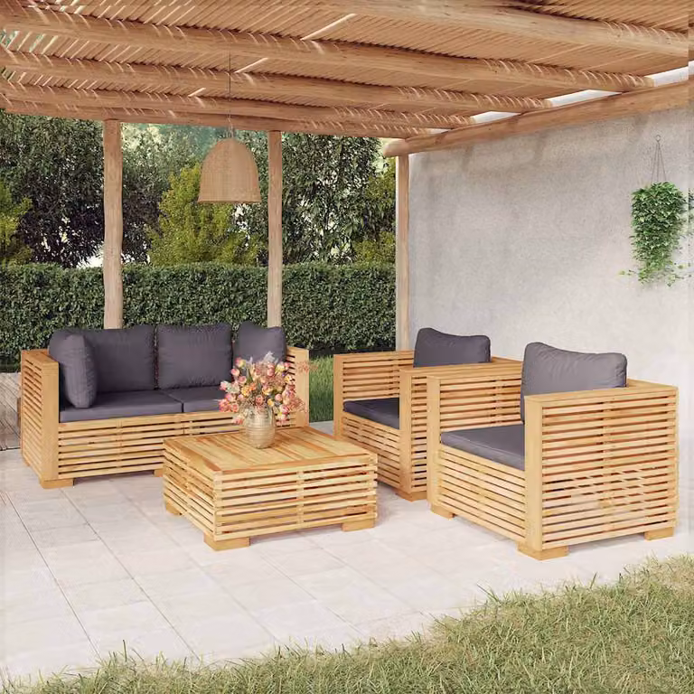 Set da giardino moderno vidaXL composto da 5 pezzi in legno massello di teak con cuscini grigi e marroni