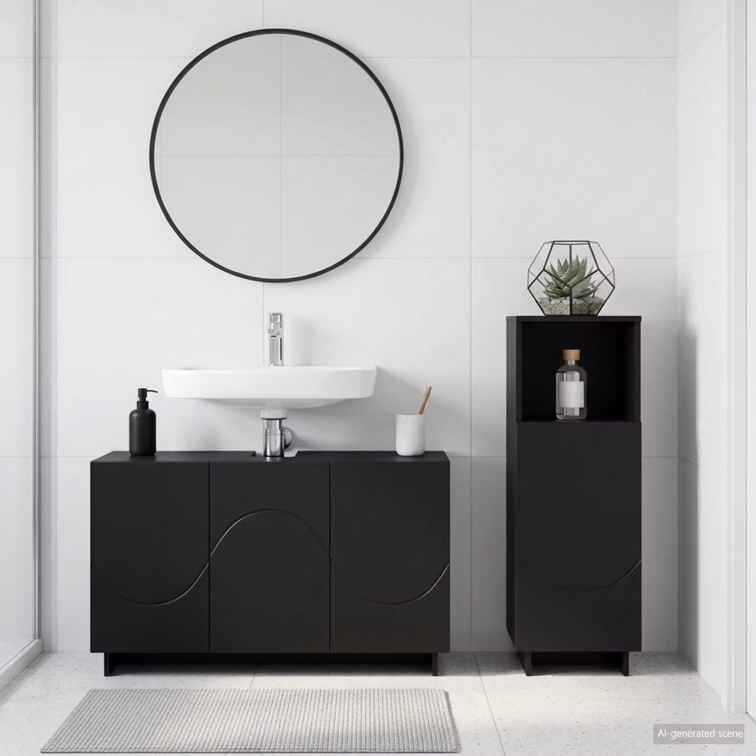 Set mobili da bagno moderni vidaXL in 2 pezzi nero opaco con vanità e contenitore in legno MDF