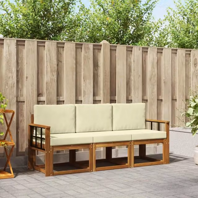 Set di divani da esterno 3 pezzi vidaXL in legno di acacia con cuscini beige e crema – 1