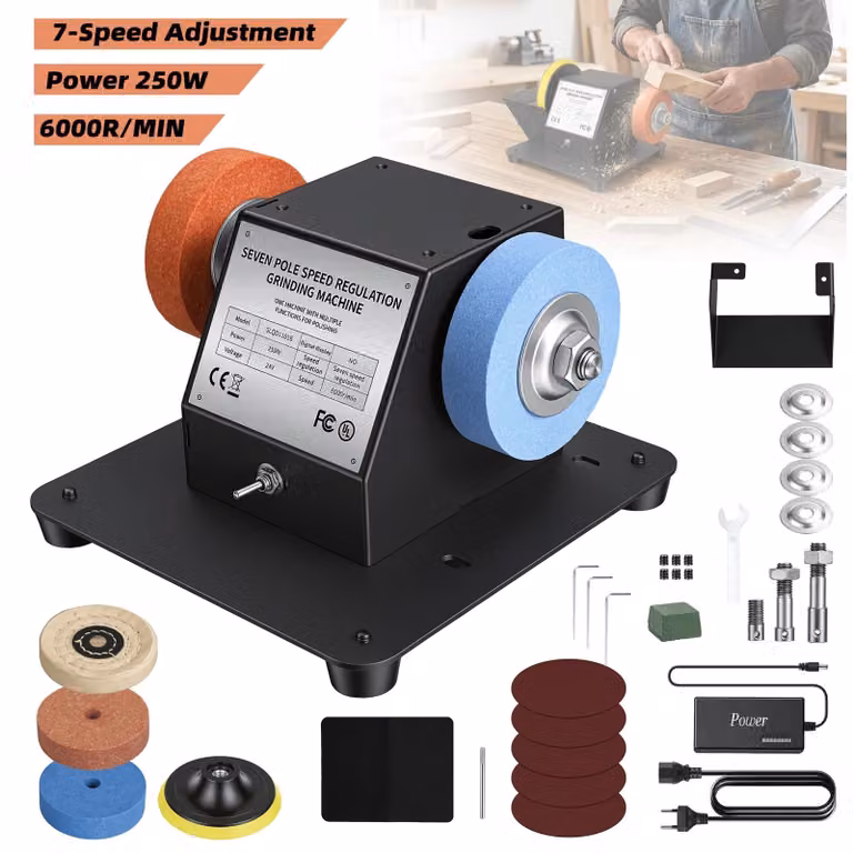 Mini smerigliatrice da banco - 250 W - Velocità variabile - Due dischi abrasivi - Spina di tipo europeo - Design compatto - Base stabile