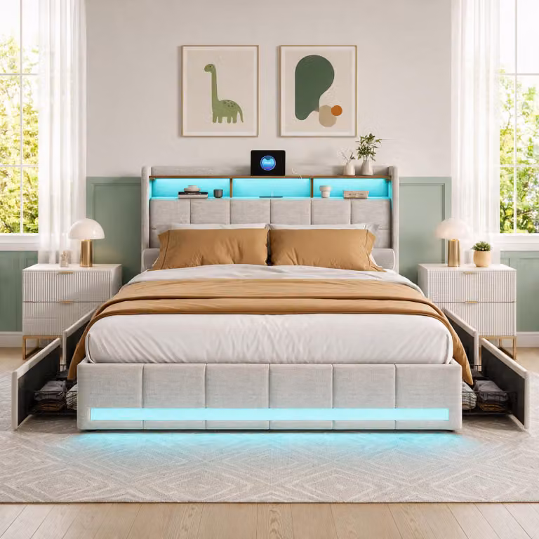 Letto imbottito INONEFT, 140x190 cm, lino beige, letto matrimoniale con 4 cassetti e illuminazione LED, testiera con spazio contenitivo e porta USB Type-C, letto funzionale per ragazzi con rete a listelli