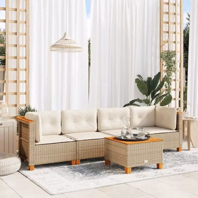 Set Divano da Giardino 5 pz con Cuscini-Sofa da Giardino-Divanetto da esterno Beige in Polyrattan 949015