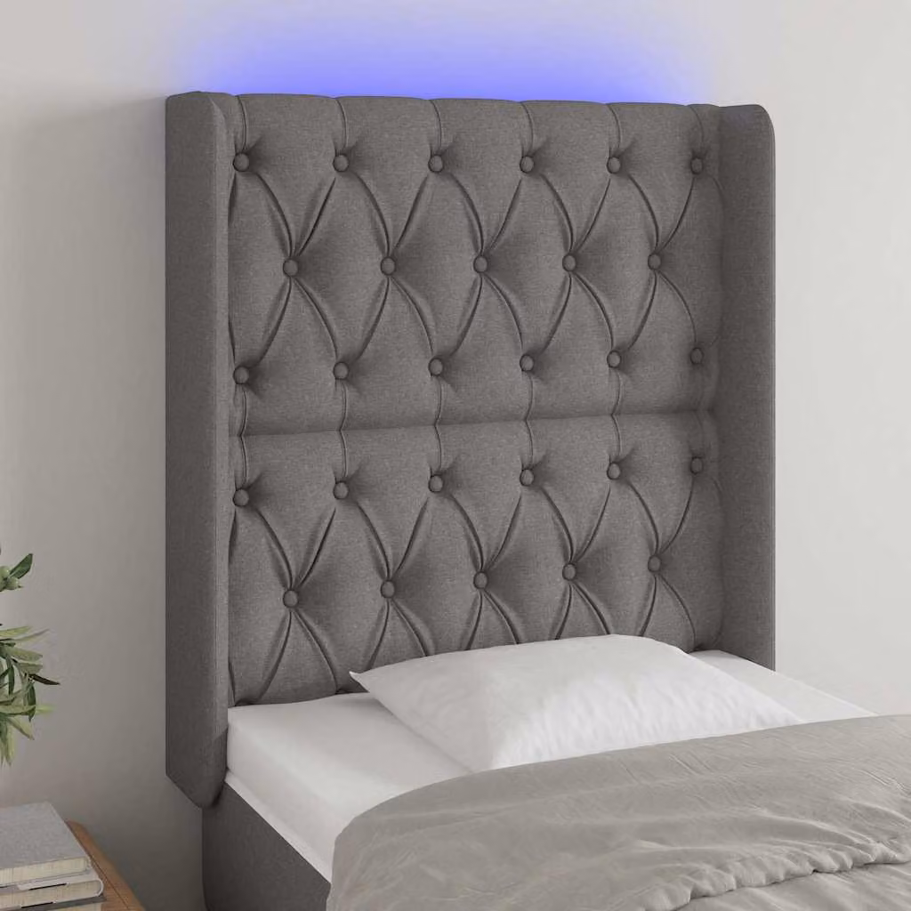 Testiera con LED e porta USB vidaXL in tessuto grigio con struttura in legno e materiale misto L: 83 cm, P: 16 cm, H: 118-128 cm