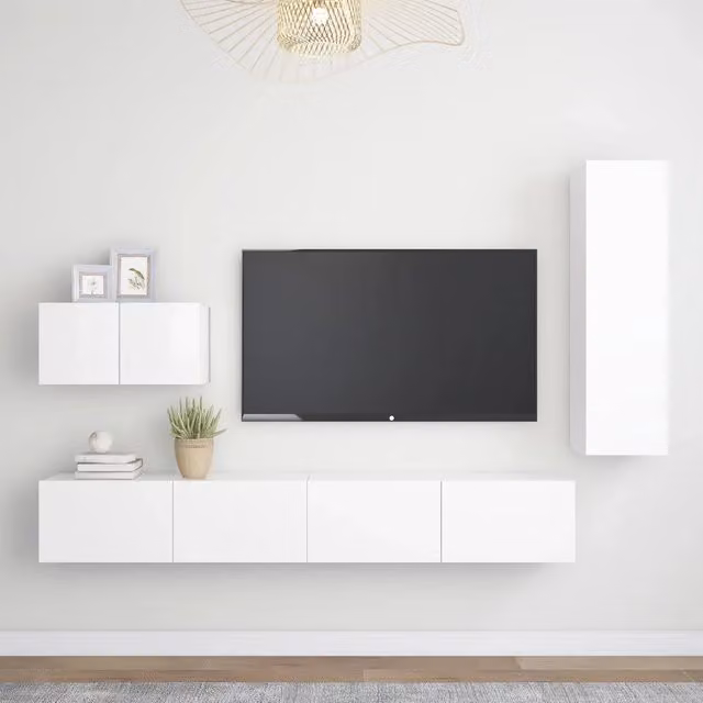 Set di 4 mobili porta TV vidaXL in legno multistrato bianco per soggiorno, design minimalista e montaggio a parete