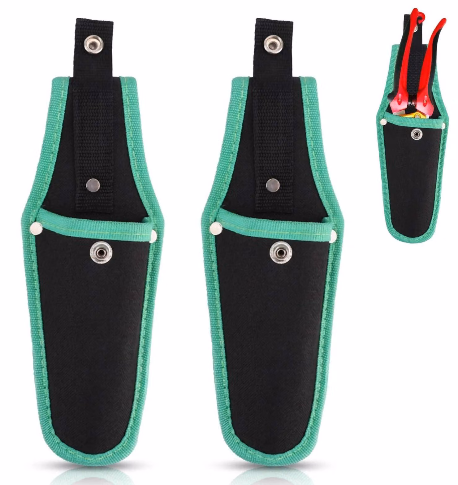 Set di 2 custodie per forbici da giardino in tela, colore verde, con passante per cintura