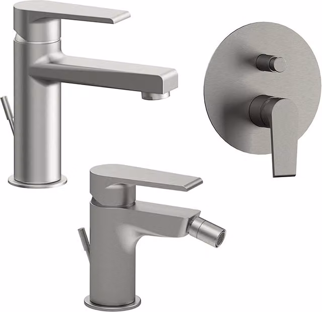 Set di miscelatori incasso Mariani per lavabo, bidet e doccia in ottone con finitura nichel spazzolato