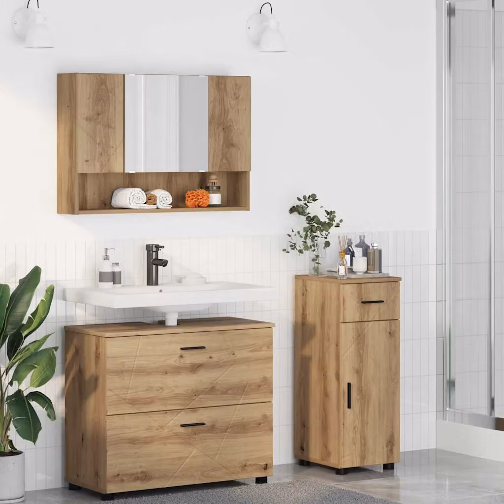 Set di mobili per il bagno moderno vidaXL composto da 3 pezzi in legno e metallo marrone, include mobile lavabo, armadietto con specchio e mobile laterale a parete