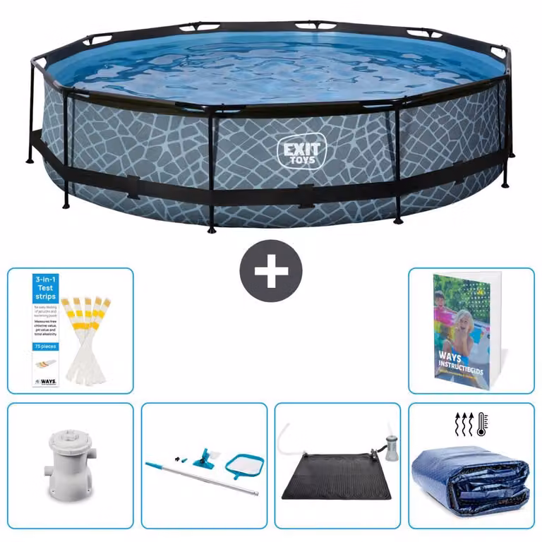 Piscina a sfioro "Exit Pool Rund" - Design effetto pietra - 360x76 cm - 5 pezzi - Acciaio S235