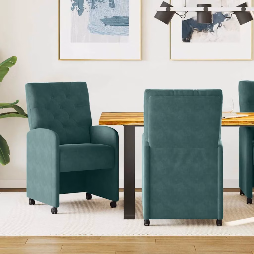 Set di 2 sedie da pranzo vidaXL in velluto verde scuro con ruote, L: 58 cm, P: 67 cm, H: 97 cm – 1