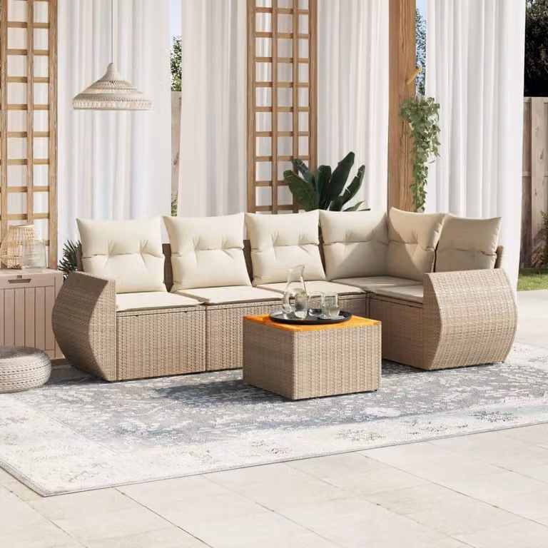 vidaXL Set Divano da Giardino a L in Polyrattan Beige con Cuscini e Tavolino da Esterno