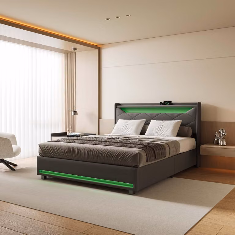 Letto a cassettone in tessuto grigio 140x190 cm con testata a LED, prese USB/Type-C, luci a striscia e contenitore integrato