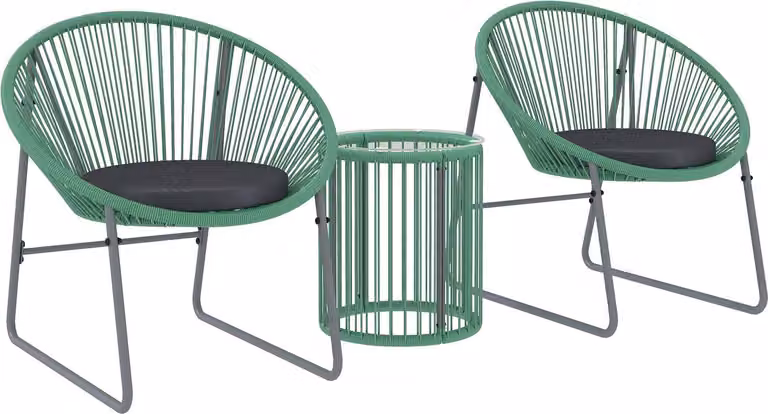Set di mobili da giardino in polyrattan, mobili da balcone lounge da esterno per 2 persone, dinette da 3 pezzi con 2 sedie, tavolino, cuscini, lounge da giardino resistente alle intemperie per giardino, terrazza balcone, verde