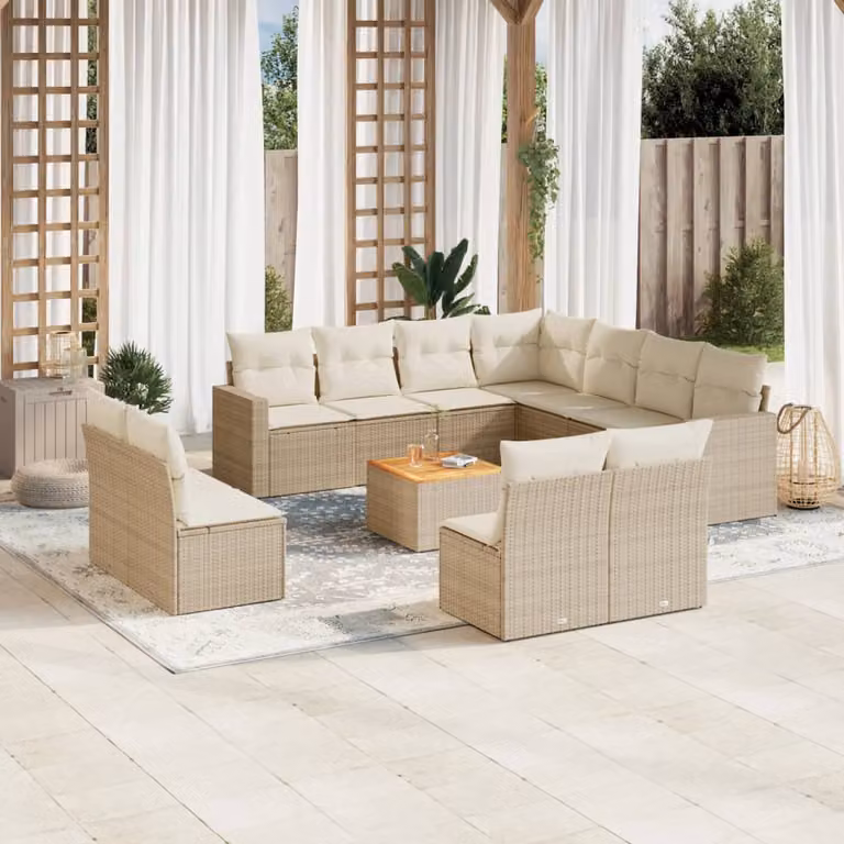 vidaXL Set Divani da Giardino 12 pz a Forma a U in Polyrattan con Cuscini Beige e Tavolino da Caffè