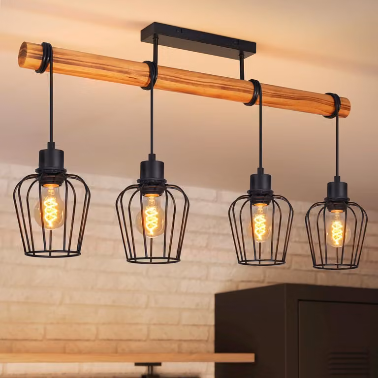 ZMH Lampada da soffitto in legno, lampada da corridoio nera, lampada da cucina a 4 luci, metallo, attacco E27, per cucina, soggiorno e sala da pranzo, lampadina non inclusa
