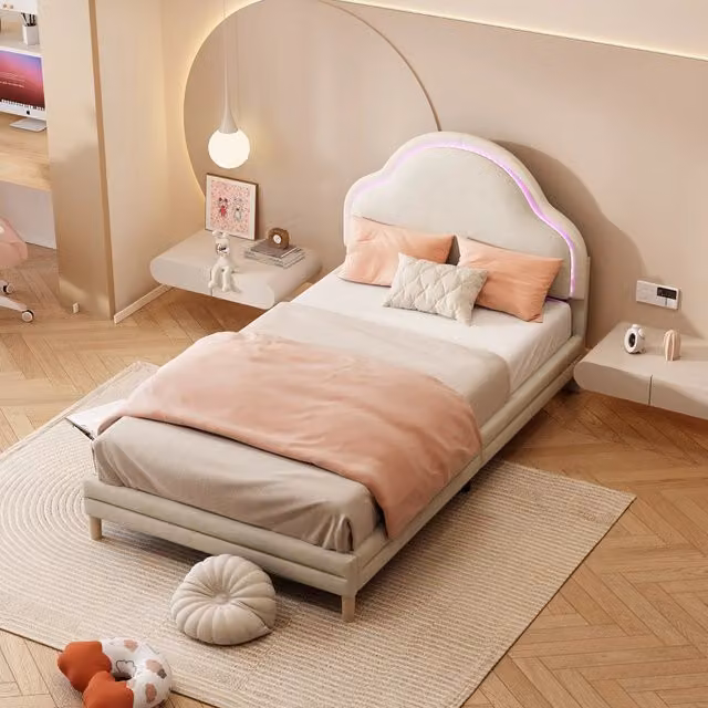 Letto singolo per bambini 90 × 200 cm con testiera a nuvola, LED multicolore regolabili, senza materasso, beige