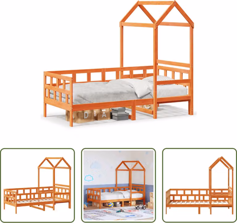 The Living Store Letto da giorno con tetto a cera marrone 80x200 cm in legno di pino massiccio