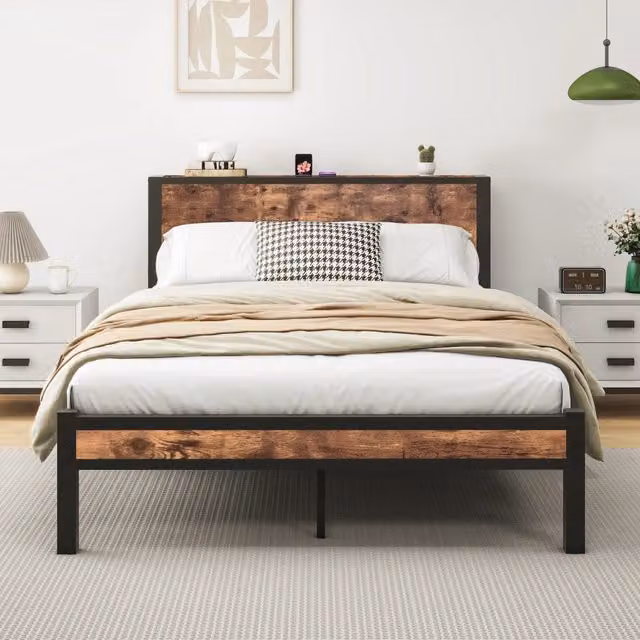 Struttura letto 140 × 200 cm con testiera e vano contenitore in MDF e metallo marrone antico con 13 doghe
