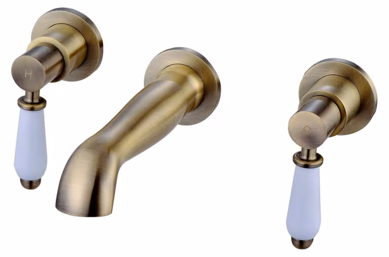 Miscelatore per lavabo a 3 fori, montaggio a parete, finitura bronzo anticato, realizzato in ottone massiccio