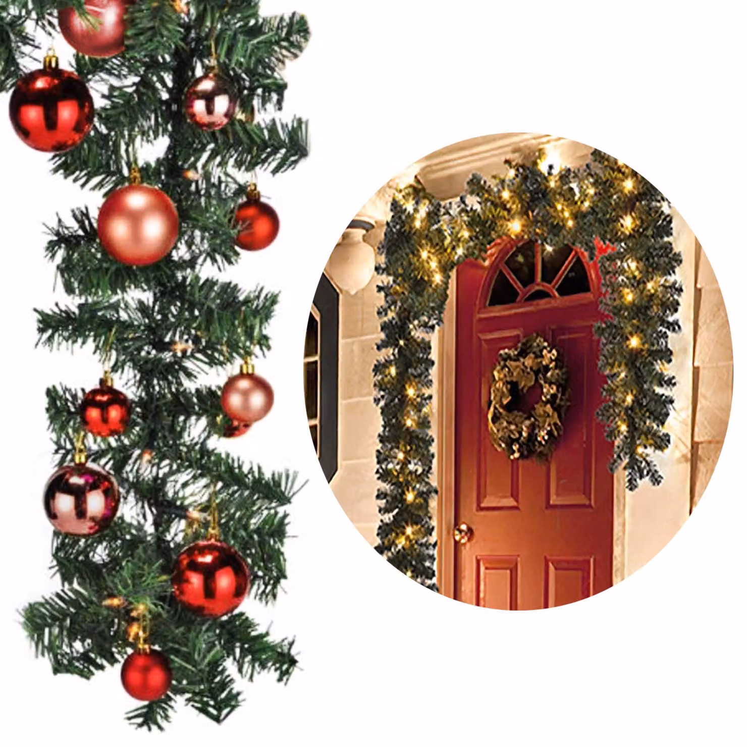 Ghirlanda di abete a LED XXL da 810 cm con 100 LED e 60 decorazioni rosse per l'albero