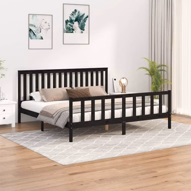 The Living Store Letto in legno massiccio con testiera nera 200x200 cm in pino