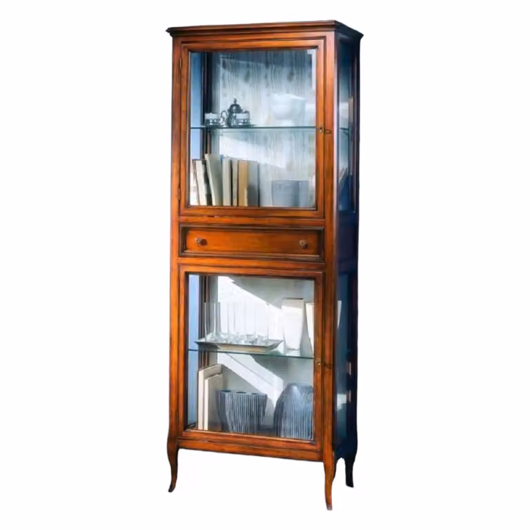 Vetrina classica in legno con 2 porte in vetro e 1 cassetto Mobili 2G finitura bassano L: 70 cm, P: 40 cm, H: 175 cm