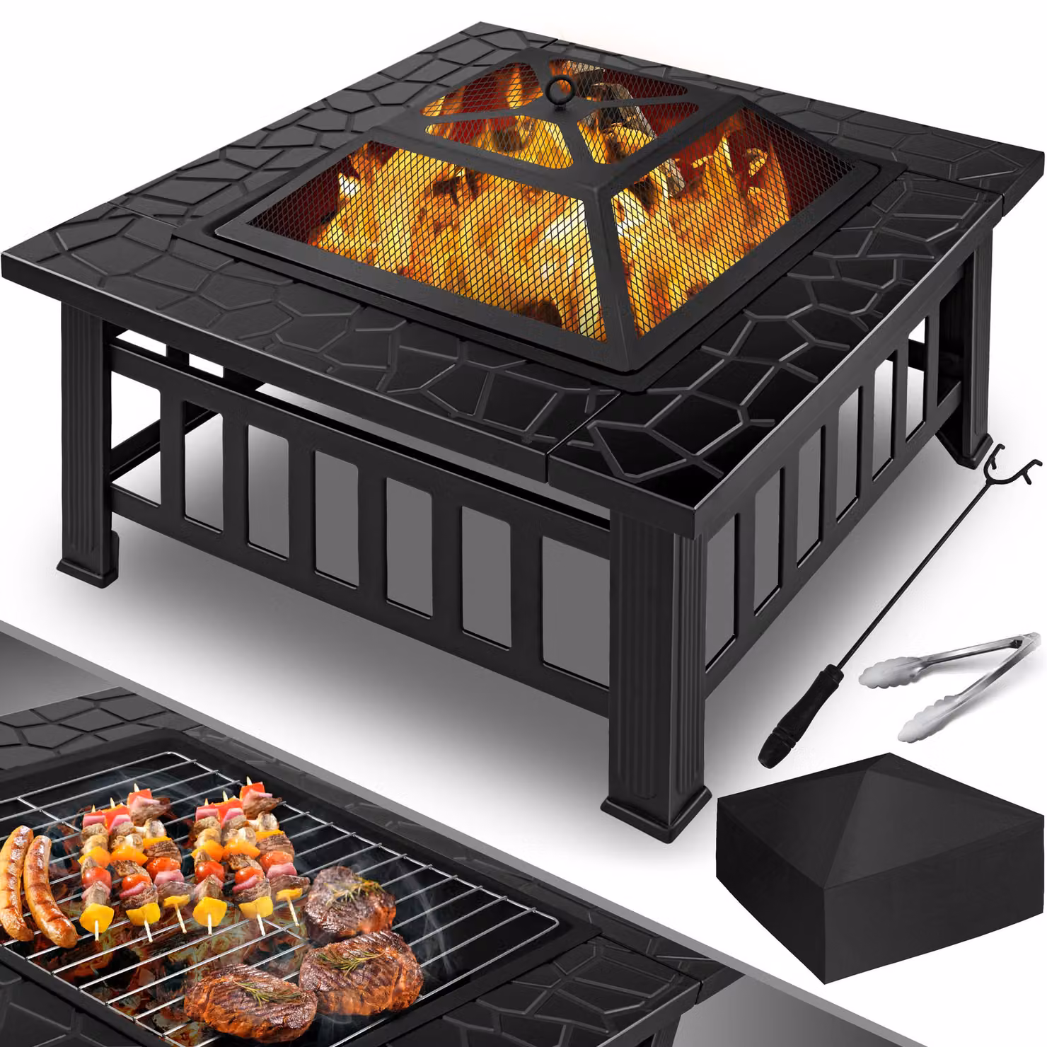KESSER® Caminetto da esterno, braciere 82x82x50 cm con griglia, 3in1, completo di copertura protettiva