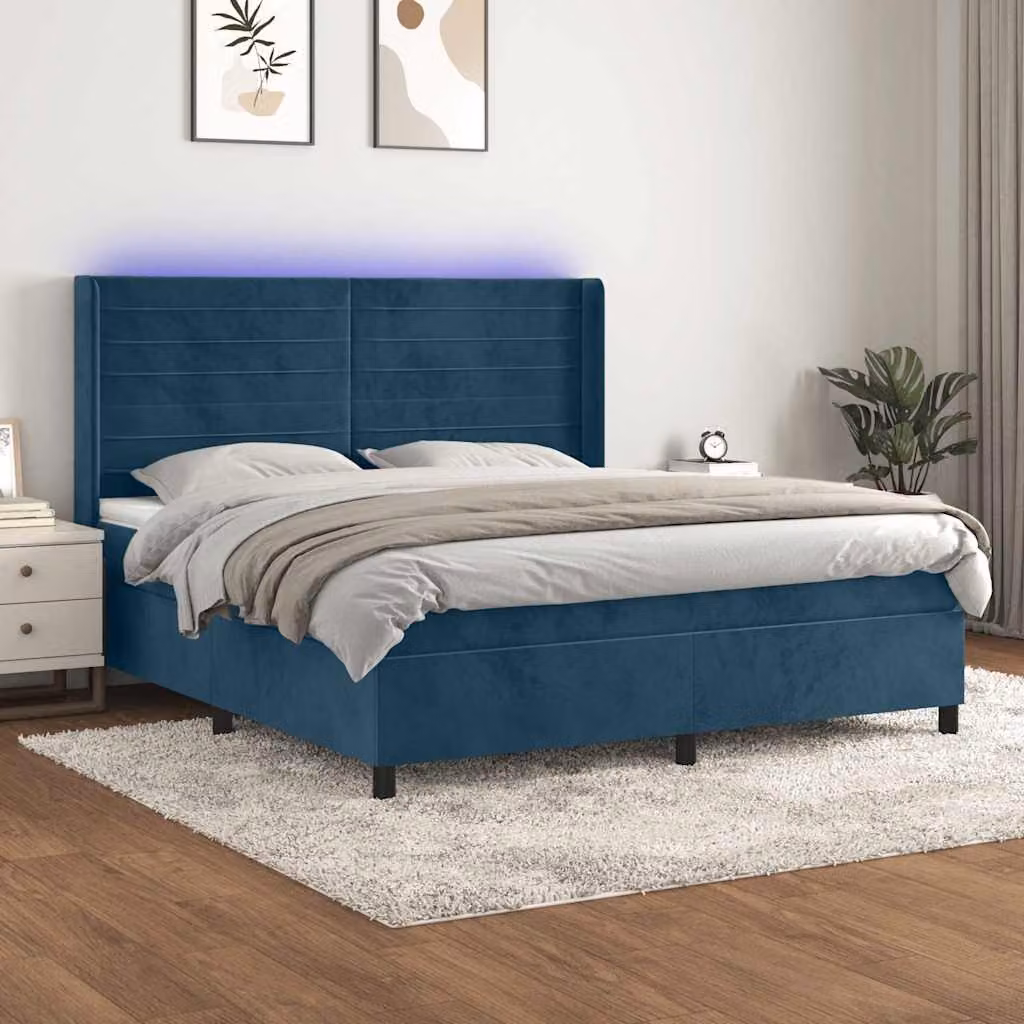 Letto Ibrido vidaXL con Materasso a Molle Insacchettate, Rivestimento in Velluto Blu e Bianco, Illuminazione LED Sotto il Letto e Porta USB, L/P: 160 x 200 cm