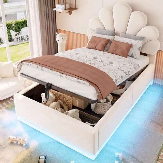 Letto imbottito 90 x 200 cm beige con testiera floreale, LED e vano contenitore