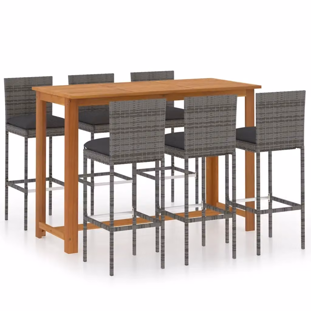 vidaXL Set da Bar da Giardino 7pz in Polyrattan e Legno di Acacia con Cuscini Grigio Antracite e Marrone – 2