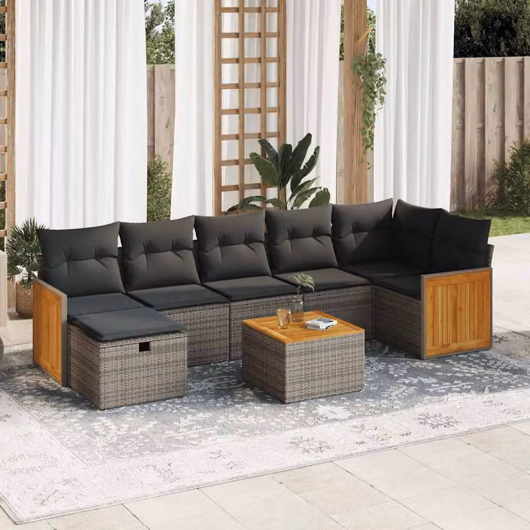 Set Divano da Giardino a L vidaXL 8 pz in Polyrattan Grigio con Cuscini e Tavolino