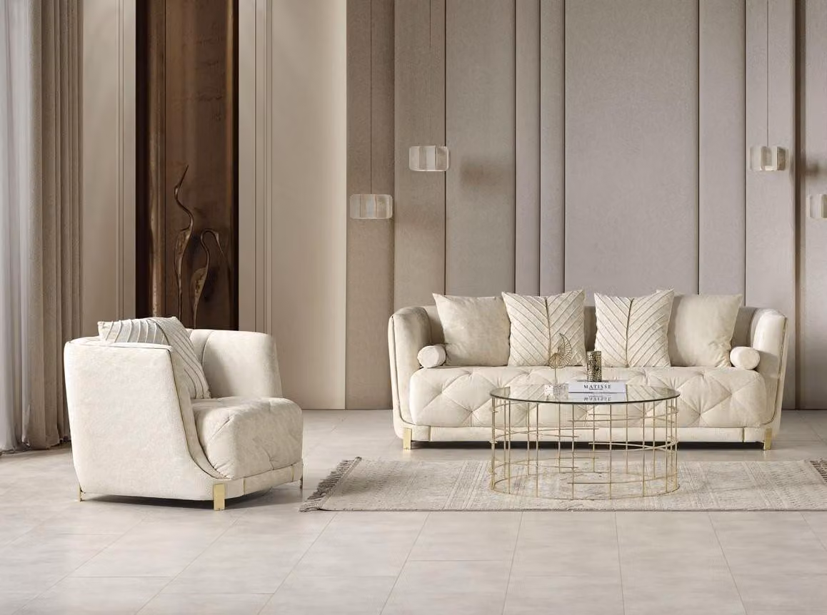 Luxus Weiß 2tlg Wohnzimmer Set Sofa 3-Sitzer Sessel Modernes Design Couch