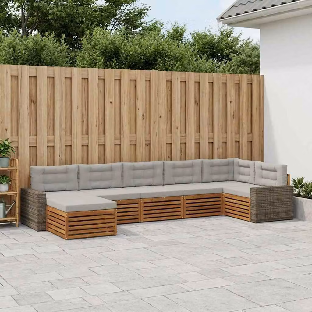 vidaXL Set di divani da esterno a L composto da 7 pezzi in legno di acacia con cuscini, colore beige e grigio